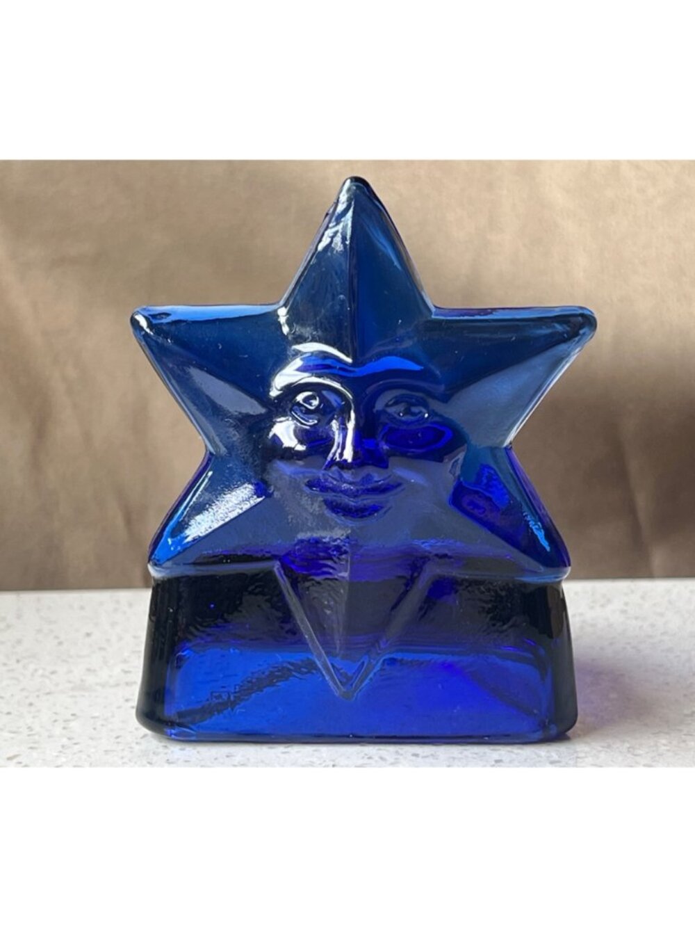 Vintage Cobalt Blue Glass Star Face Votive Candle Holder 4" Tall Decorative Acce - Picture 4 of 7